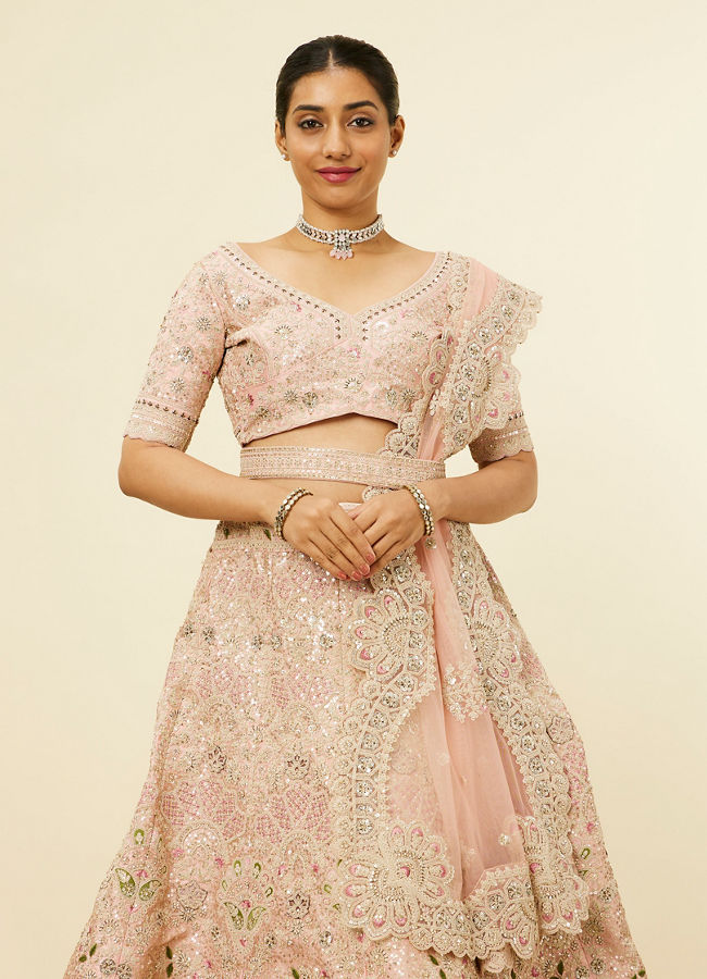 alt message - Mohey Women Golden Pink Sitara Embroidered Lehenga with Peacock Motifs image number 1